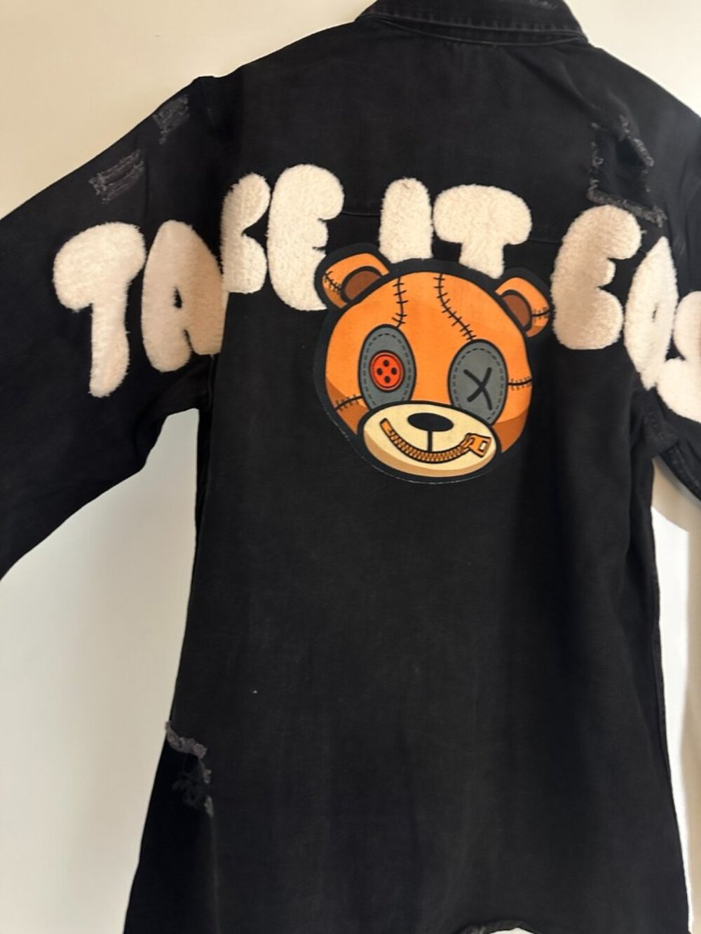 Women's Black Teddy Bear Graphic Distressed Denim Jacket